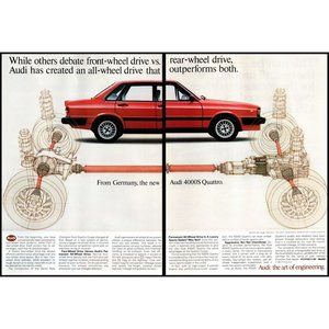 1984 Audi 4000S Quattro Sports Sedan 2 Page Vintage Print Ad Suspension Wall Art